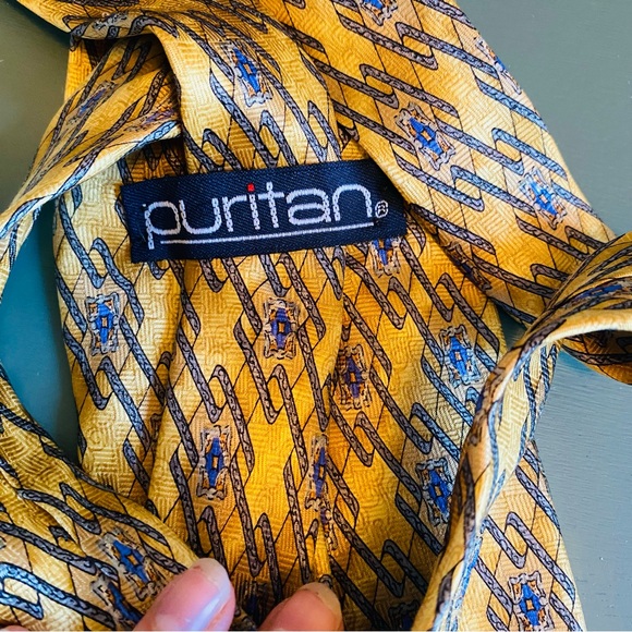 Puritan Stain Resistant Geometric Print Mens Neck Tie Tan Blue 100% Silk USA - Picture 4 of 4
